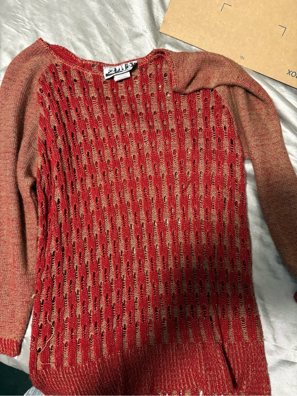 Red and Tan Open-Knit Crewneck Sweater by ZILÉ